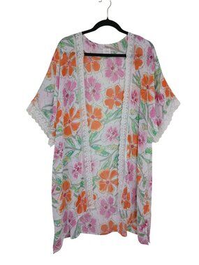 Floral Kimono Cardigan Lace Trim - Sheer Lightweight Cover-Up Women M By Cupio